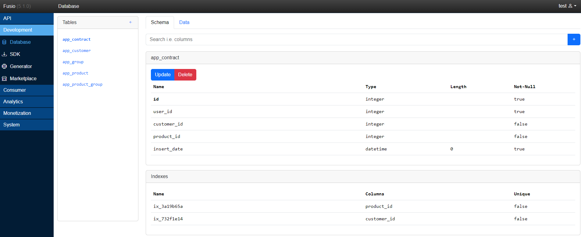 Database panel